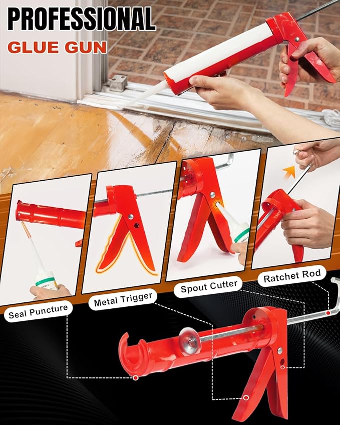 Holothurian Caulking Gun, Caulk Gun No Drip,Sealant Finishing Tool Grout Scraper for Kitchen Bathroom Window Sink Joint, 1/10 Gallon Cartridge, 10:1 Thrust Ratio, Red