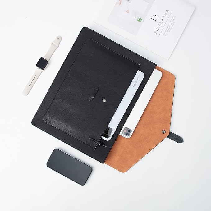 Brown PU Leather Thick File Folder, Snap Closure File Organizer, Thickened Important Document Folder with Pockets, Document Organizer, Laptop Sleeve Notebook Case, A4 Envelopes Filing Folder