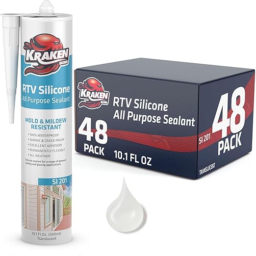 Kraken Bond Transculent Silicone Sealant Waterproof%100-10 fl oz Cartridge, RTV Silicone Caulk Kitchen and Bathroom, All Purpose, Window Caulking Sealant Outdoor, RV, Exterior Use Silicon - 48 Pack