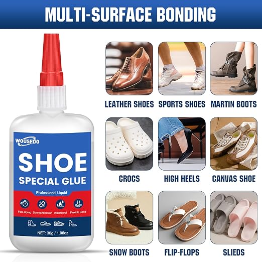 WOUSEDO Shoe Glue 2 x 30g, Flexible & Waterproof Instant Adhesive | Quick Dry in Seconds, Heavy Duty Clear Glue for Sole Repair on Sneakers, Boots, Heels, Hiking Shoes, Leather & Rubber