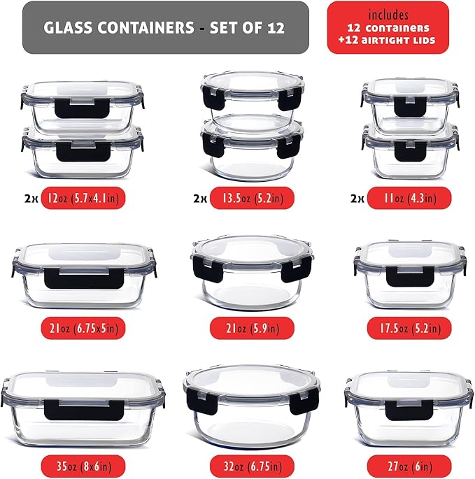 EATEX 24pc Glass Storage Containers with Lids, 12 Set Glass Food Storage Containers with 12 Airtight Lids, Pantry Kitchen Meal Prep Containers for Lunch, Freezer Storage Containers, Jet Black