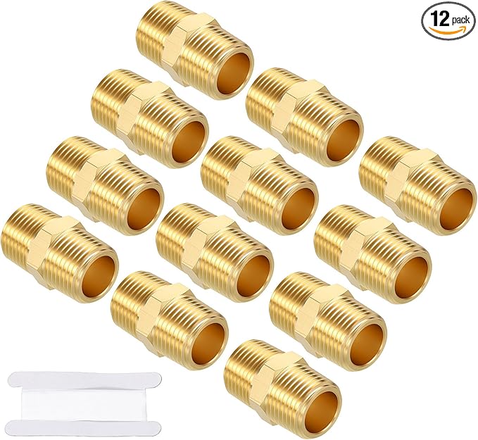 Pack of 12, 3/8" MNPT to 3/8" MNPT Solid Brass Hex Nipple Hose Connector W/Sealing Tape, Male Pipe Adapters for Pipe Leak Repair, Bathroom Remodeling, Tool Extensions, Compression