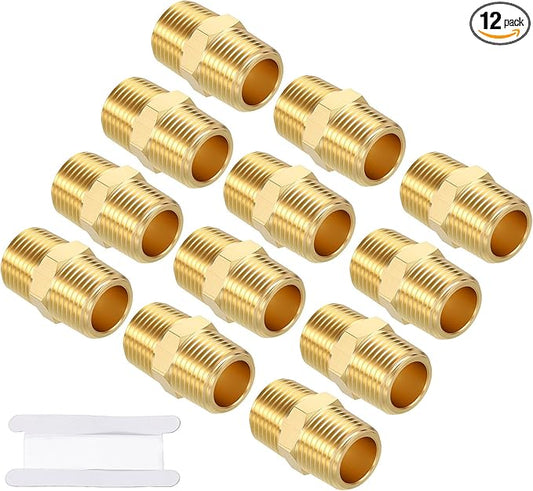 Pack of 12, 3/8" MNPT to 3/8" MNPT Solid Brass Hex Nipple Hose Connector W/Sealing Tape, Male Pipe Adapters for Pipe Leak Repair, Bathroom Remodeling, Tool Extensions, Compression
