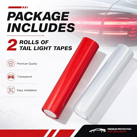 Patelai 2 Rolls 9.84 ft X 5.9 Inches Self Adhesive Repair Light Tape Auto Tail Light Fog Lights Headlight Lens Tint Tape (Red, Clear)