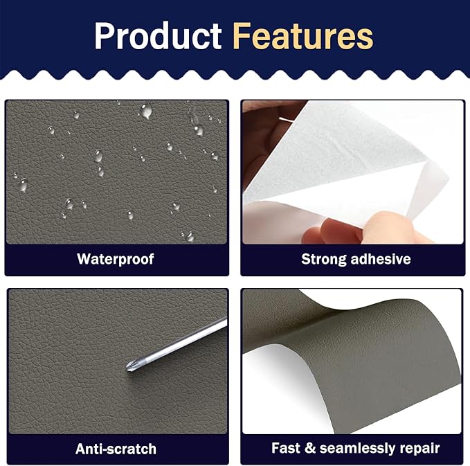 Zenyao Leather Repair Patch Tape - Self Adhesive Leather Repair Kit for Car Seat Furniture, Heavy Duty Vinyl Repair Patch for Couch Sofa, Waterproof Fix for Tears, 3x60 Inch Roll, Light Grey