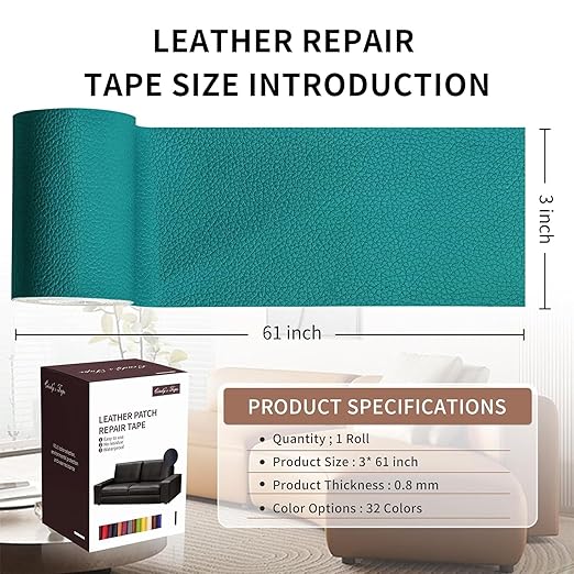 Leather Repair Patch Tape, Peacock Green 3 x 61 Inches Self Adhesive Leather Repair Kit for Furniture, Car Seat,Vinyl Leather Repair Kit for Office Chairs, Couch, Sofa, Luggage