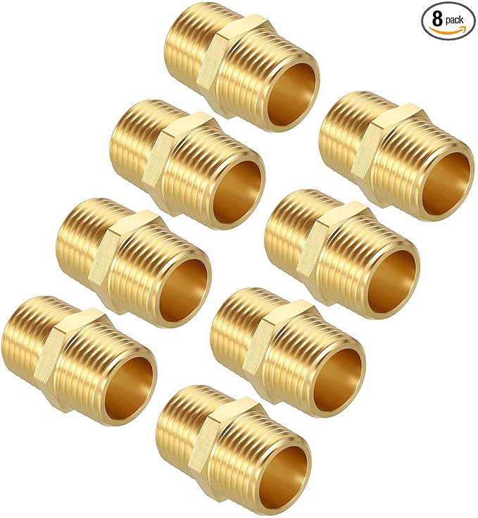 Pack of 8, 1/2" MNPT To 1/2" MNPT Solid Brass Hex Nipple Hose Connectors W/Sealing Tapes, Male Pipe Adapter for Pipe Leak Repair, Bathroom Remodeling, Tool Extension, Compression