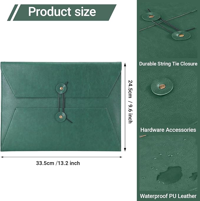 Leather File Folder for Documents,Important Document Folder with String Tie,Laptop Sleeve Notebook Case,Leather File Organizer,A4 Envelopes Filing Folder (Horizontal, Green)