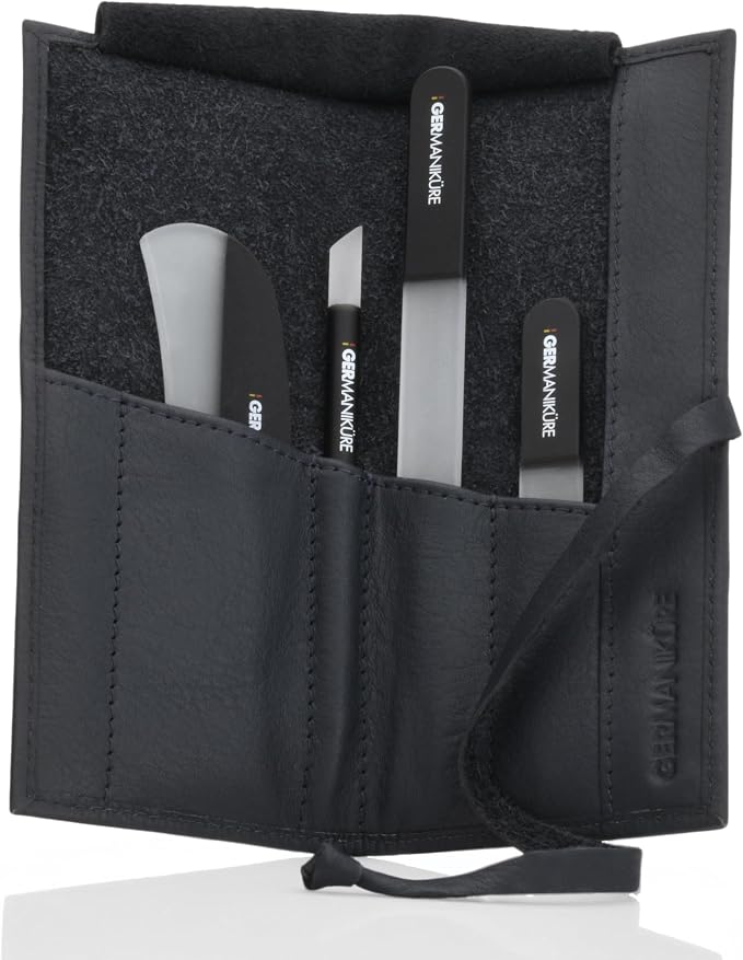 GERMANIKURE Black Crystal Glass Nail File Set in Black Leather Case – Handmade in Czech Republic – Professional Manicure & Pedicure Supplies – Glass Cuticle Stick, Pusher, Moon File