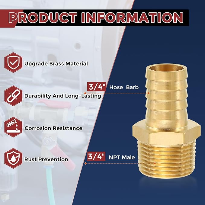 Pack of 8 Brass Hose Barb Fittings 3/4" Hose Barb to 3/4" NPT Male Fittings