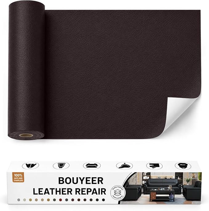 BOUYEER Leather Repair Patch Tape Kit,Self Adhesive Leather Repair for Sofa，Car Seat,Office Chair,Furniture,Jacket,Waterproof Strong Adhesive Vinyl Repair Kit. 17 in x 79 in,Coffee