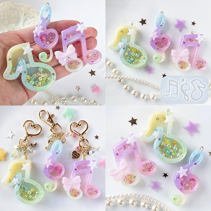 Resin Shaker Molds Set Music Keychain Charm Pack of 8 Silicone Trays Seal Films Precision Tip Applicator Bottle Kits Bundle