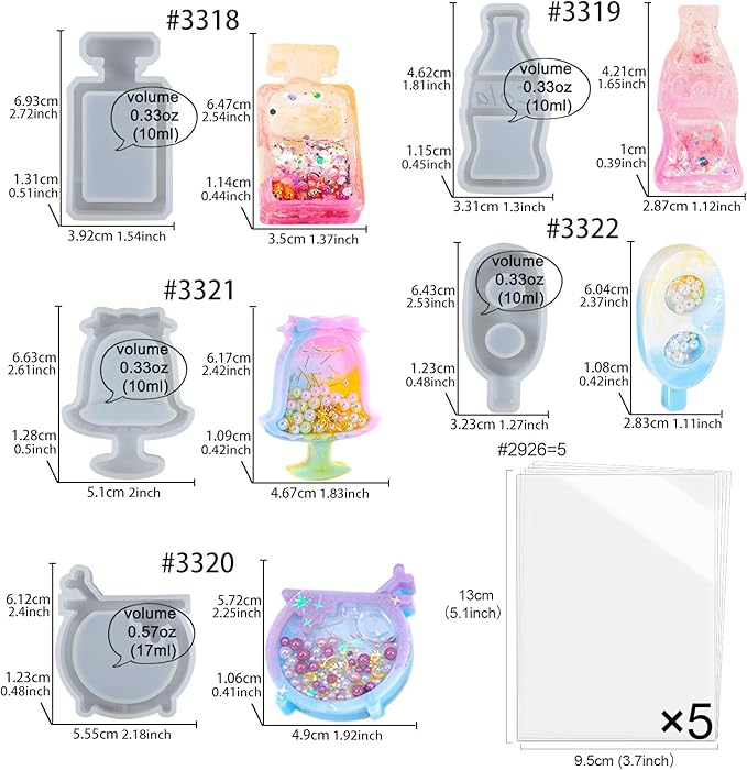 Resin Shaker Molds Set Perfume Bottle, Cola, Mike Tea, Dessert, Popsicle Silicone Trays with 5 Seal Films
