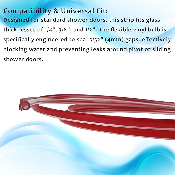 3/16" Thick and 95" Long Adhesive Bathroom Strip, Pre-Applied Adhesive, Waterproof Bathroom Seal for 5/32" Gap, Fits 1/4" 3/8" 1/2" Glass Doors