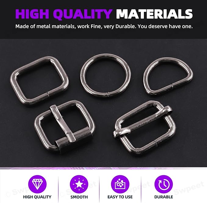 Swpeet 5 Style Metal Buckles - Adjustable Slide, D Ring, Circular Ring