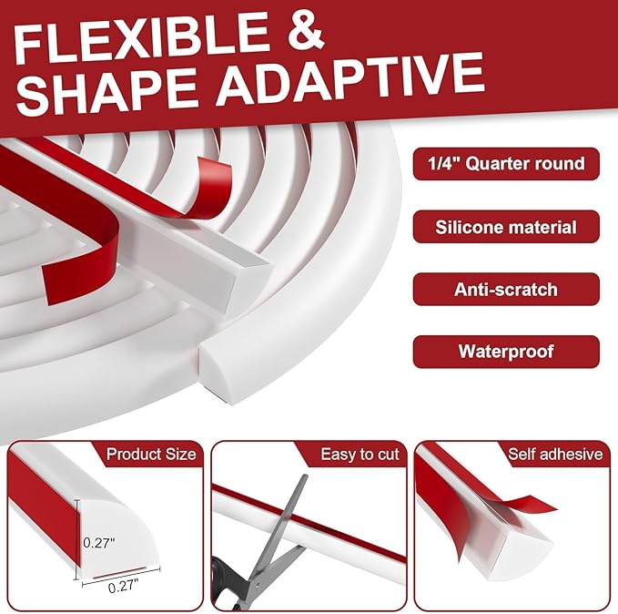 0.25" x 0.25" Mini Quarter Round Molding,40FT Self Adhesive Flexible Trim for Small Gaps, Countertop Wall Seam, Window Sill, Desk & Cabinet Edge, Peel and Stick Finishing Strip