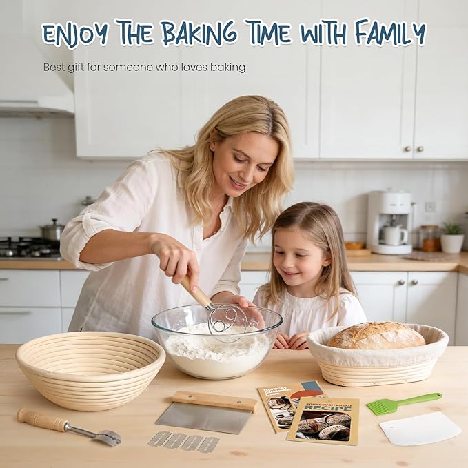 RORECAY Bread Banneton Proofing Basket Set, 9 Inch Round & 10 Inch Oval Cane Sourdough Baskets with Dough Whisk Lame Dough Scraper Bowl Scraper Silicone Brush Sourdough Bread Baking Supplies