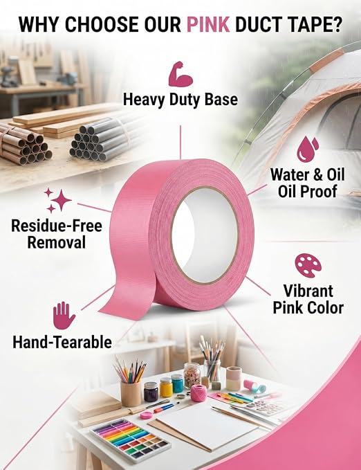 Pink Duct Tape Heavy Duty - 2 Inches x 30 Yards Pro-Grade Cloth Fabric Tape, Waterproof & No Residue, Multi-Use Flexible Adhesive Tape for Crafts, DIY, Repairs, Indoor & Outdoor - 1 Roll