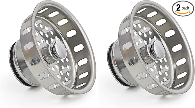 Highcraft 97343 Kitchen Sink Basket Strainer Replacement for Standard Drains (3-1/4 Inch) Stainless Spring Steel Closure and Rubber Stopper, Stainless Steel (Pack of 2)