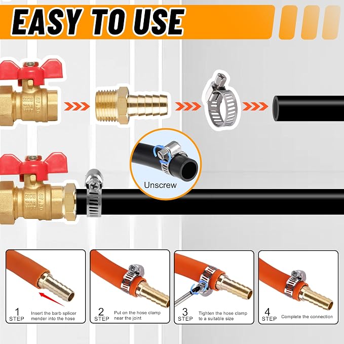 48PCS Brass Hose Barb Fittings,Barb Splicer Mender 3/16" 1/4" 5/16" 3/8" 1/2" 5/8" and Male Thread Adapter 3/8" Barbed to 1/4" NPT, 1/4" Barbed to 1/4" NPT Male with 96Pcs Pipe Hose Clamps
