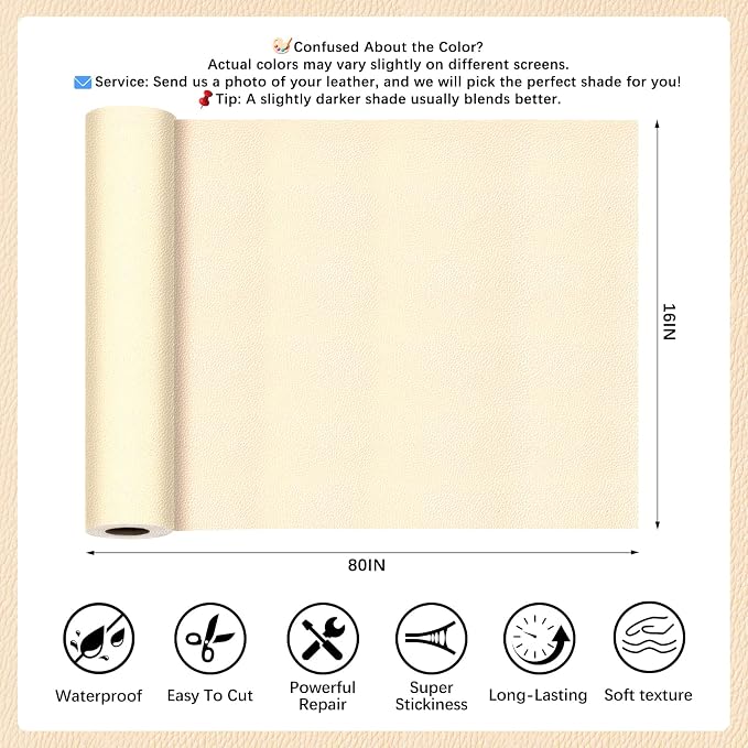 Beige Leather Repair Tape, 16x80 Inch Leather Repair Patch Self-Adhesive, Waterproof Faux Leather Patch, Vinyl Repair Tape for Couch, Sofas, Furniture, Office Chair, Car Seats