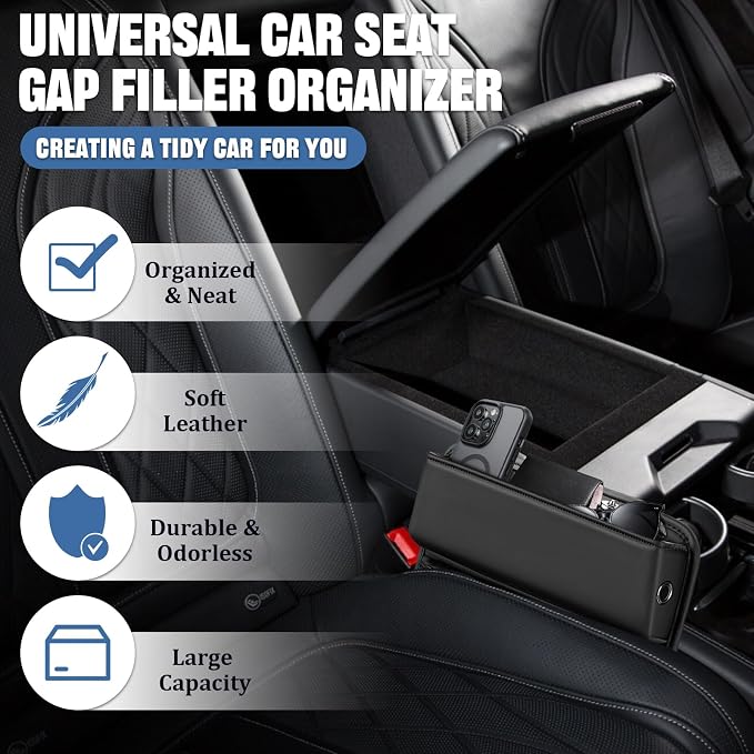2 PCS Car Seat Gap Filler Organizer, Premium Leather Car Seat Gap Organizer Holder Women & Men with Card Slots, Cars Essentials for SUV, Truck, Phones, Cards, Keys (Black)