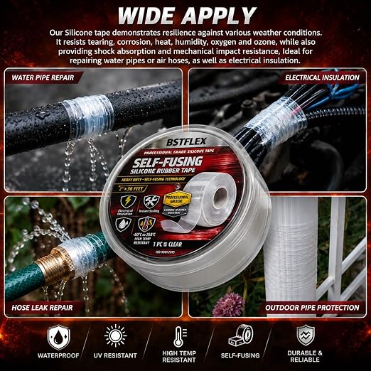 Self-Fusing Silicone Tape 2" x 36FT x 20mil Clear– Waterproof & Heat-Resistant Rubber Emergency Repair Tape, Self Amalgamating for Plumbing, Hose, Electrical, Automotive & Outdoor – No Residue