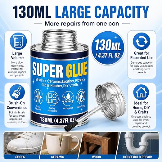 Super Glue with Brush 130ml, All Purpose Clear Strong Adhesive Waterproof Instant Glue Gel for Wood Ceramic Glass Leather Plastic Rubber Metal DIY Crafts Industrial Repairs