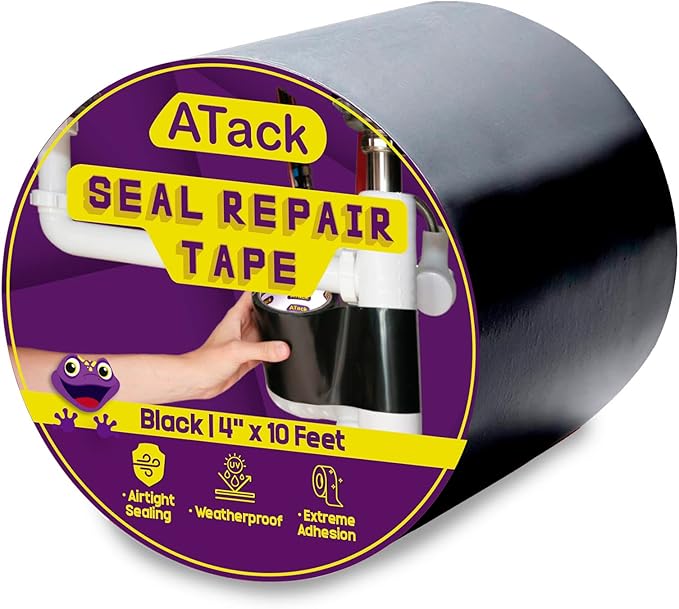 ATack Waterproof Patch and Seal Tape, Black, 4 Inches x 10 Feet, Water Barrier Tape for Stop Leak Repair on Pipes, Chimney, Roof, Boat, and HVAC