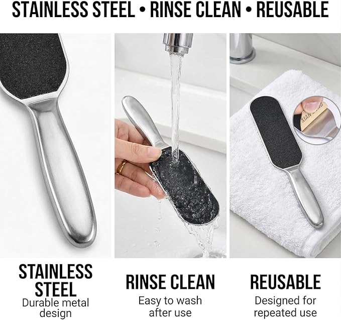 Stainless Foot File Callus Remover for Cracked Heels & Dead Skin — Pedicure Rasp with 10 Replacement Pads & 2 Exfoliating Foot Masks, Sandal Season Foot Care Kit (Premiunm Set(1pice File))