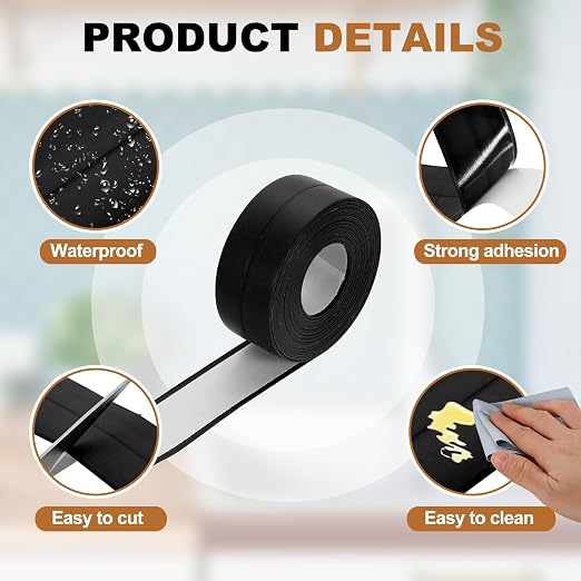 uxcell Caulk Tape Waterproof, 0.83 Inch x 10.5 ft Self-Adhesive Sealant Sealing Strip Caulking Sealant Tape PVC with Tool for Kitchen Sink Toilet Bathroom Bathtub Floor, Black