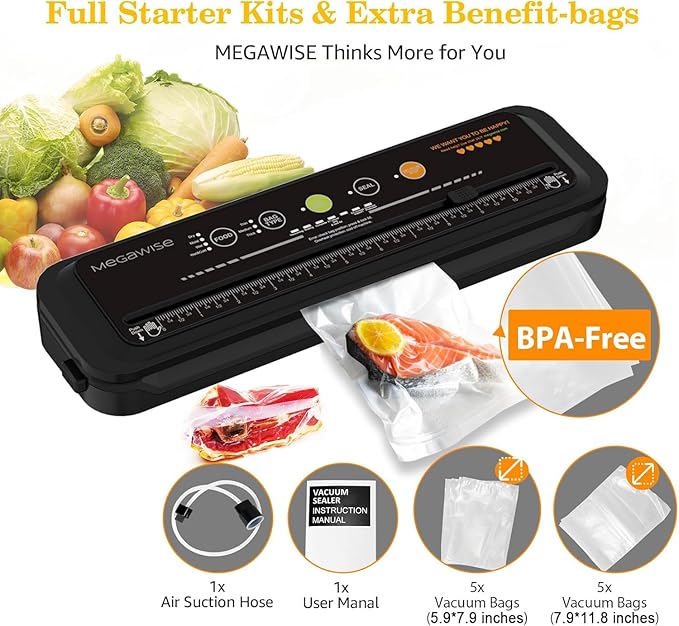 Updated Vacuum Sealer Machine，MEGAWISE Food Sealer w/Starter Kit (Black)
