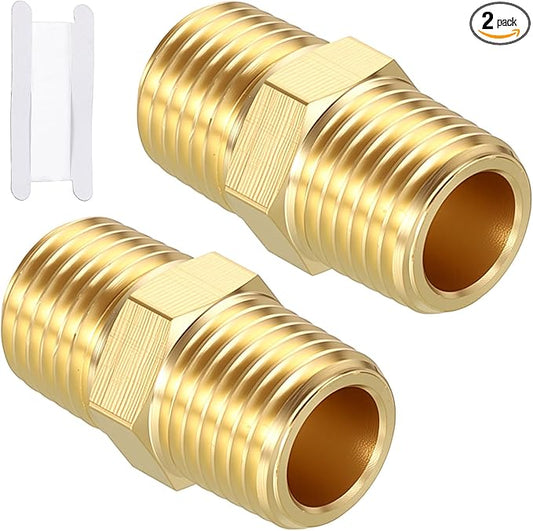 Pack of 2, 1/4" MNPT To 1/4" MNPT Solid Brass Hex Nipple Hose Connectors W/Sealing Tapes, Male Pipe Adapter for Pipe Leak Repair, Bathroom Remodeling, Tool Extension, Compression