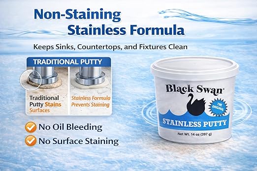 Black Swan Stainless Stay Soft Plumbers Putty, 14oz - Crack-Resistant, Ideal for Sink Drain, Faucets & Fixtures, Stretchable Plumbers Putty
