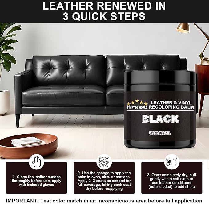 STARTSO WORLD Leather Recoloring Balm, Black Leather Repair Kit for Furniture, Leather Dye, Leather Color Restorer for Couches, Leather Couch Paint | Repair, Restore Faded & Scratched Leather