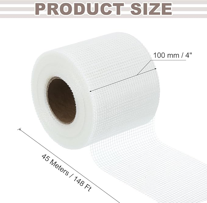 uxcell Drywall Joint Tape, 4" x 148Ft Self-Adhesive Fiberglass Cement Board Mesh Tape, Crack Patch Fabric for Wall Sheetrock Ceiling Crack Repairing Strengthening, White