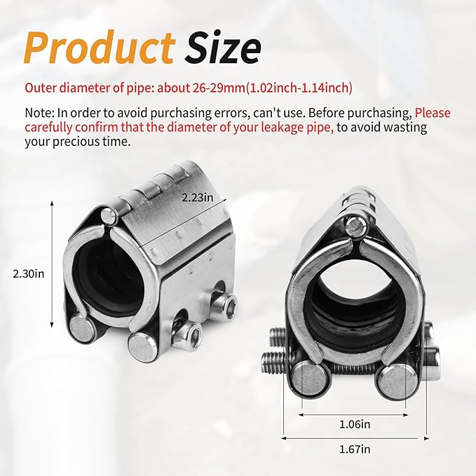 Pipe Repair Clamp Kit-3/4 Inch(26-29mm) High Pressure Resistant Pipe Coupling Clamp for Plastic&Metal Pipes, Emergency Duty Leak Sealer with Stainless Steel, Quick Fix for Water/Gas/Oil Lines
