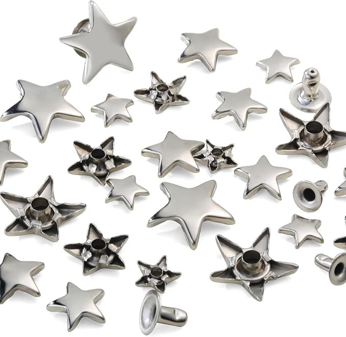YORANYO 200 Sets Leather Rivets Kit Mixed Sizes Rivets for Leather Star Studs for Clothing Fabric Silver Rivets with Leather Crafting Rivet Tool for Repair Decorate Jackets Shoes Bags Belts Purse