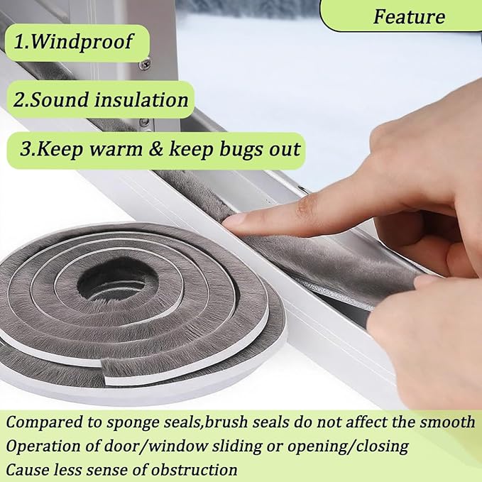 ZOMPAGO Strong Adhesive Brush Weather Stripping 0.6in (T）x 0.4in (W) x 33FT, Grey, Door Seal for Sliding Windows & Doors, Soundproof Noise Blocker, Draft Stopper for Garage Door Frame & Exterior Doors
