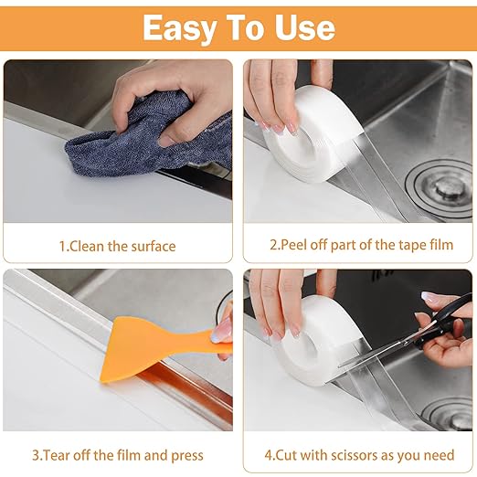 Fixmend Clear Caulk Tape, 2 Roll Transparent Caulk Strip Waterproof Self Adhesive, Caulking Sealant Tape for Kitchen, Countertop, Bathroom, Sink, Shower, Bathtub, Toilet Edge Protector(1.5" x 10.5Ft)