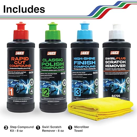 LAUCO Paint Correction Compounds Step 1, 2, 3, Swirl Remover 8oz Kits, with a Towel, Silicone-Free, Clear Coat Safe Scratch Remover, Swirl Correction & High Gloss Finishing 36457