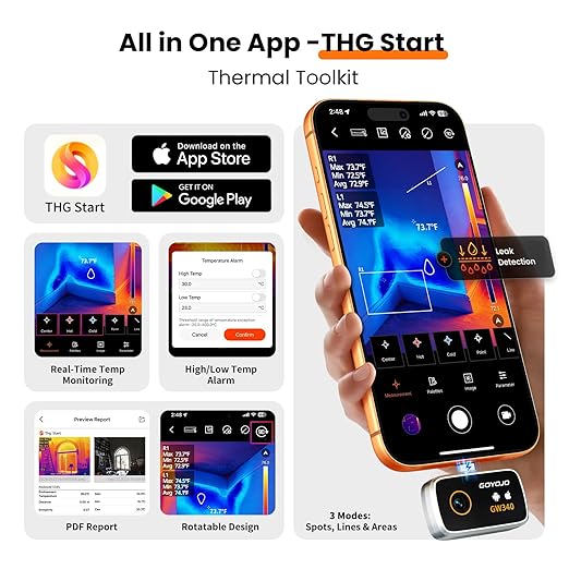 GW340 Thermal Camera for iPhone/Android/Tablet, 512x384 Super IR Resolution, Thermal Imager iOS 17/16/15 Series & iPads USB-C Port, 256x192 IR Resolution Home Inspection, HVAC, Automotive -4°F~752°F