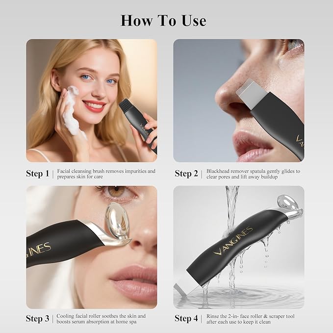 Blackhead Remover Tool with Ice Roller, Stainless Steel Face Scraper, Skin Scrubber Face Spatula for Deep Cleansing, 3-in-1 Skin Care Tool with 2 Silicone Brush Heads (Charcoal Black)