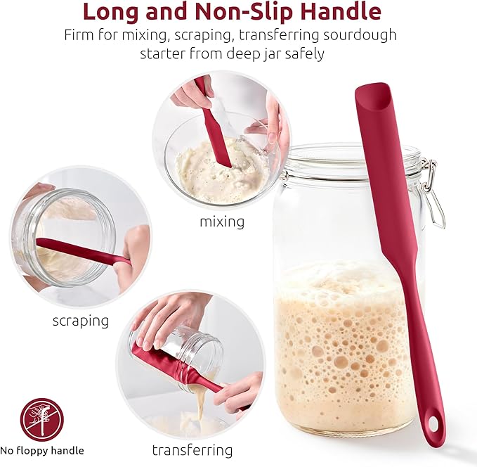 U-Taste Silicone Jar Spatula for Sourdough Starter: Long Skinny Food-Grade Jam Spreader, Sturdy Stirring Stick Bowl Scraper with Flexible Spoon Tip, Mixing Icing Tool, Peanut Butter Knife (Red)