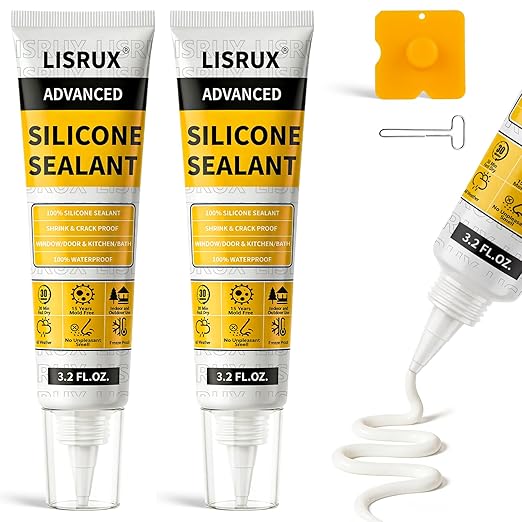 LISRUX Advanced White Silicone Caulk for Kitchen & Bathroom - 2 Pack (3.2 Fl Oz Each) | 100% Waterproof Silicone Sealant | Super Strong Adhesion, Shrink & Crack Proof