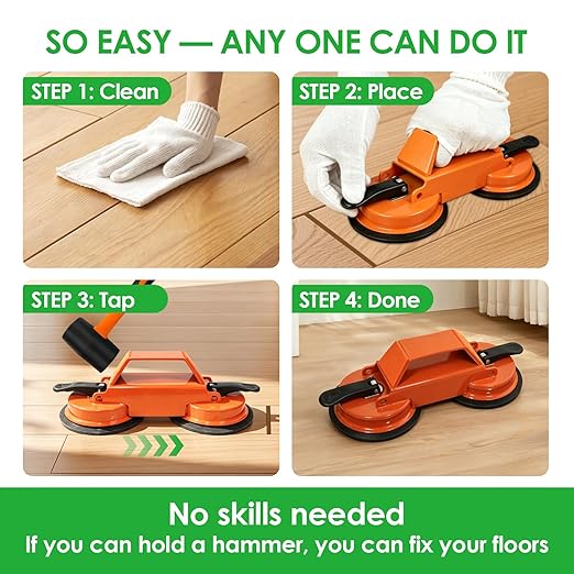 Floor Gap Fixer Tool for Laminate Floor Gap Repair, Heavy Duty Dual Suction Cups with 45° Striking Surface, Includes Rubber Mallet, Sticky Pads & Gloves for Vinyl Plank, LVP & Hardwood