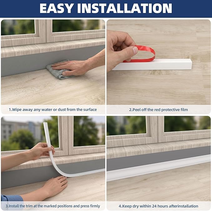 1/2 inch Flexible Quarter Round Molding Trim, Peel and Stick Silicone Baseboard Trim, Self Adhesive Wall Corner Trim, Waterproof Edge Trim for Floor, Cabinet, Bathroom, Kitchen (White)