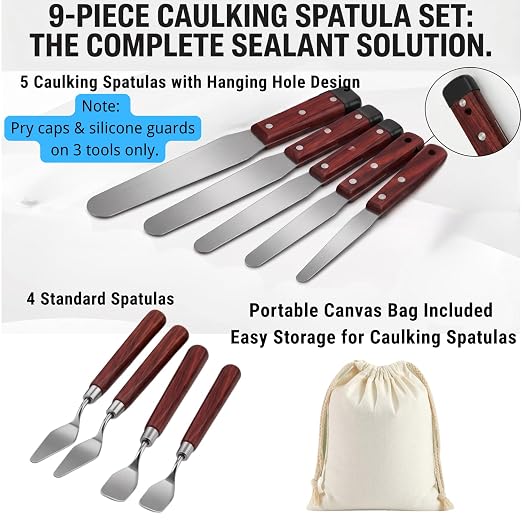9-Piece Professional Caulking Spatula Set with Wooden Handle | 9-piece caulking tool kit with 1.0mm ultra-flexible stainless steel scraper, canvas bag for baseboards, sinks,tight gaps