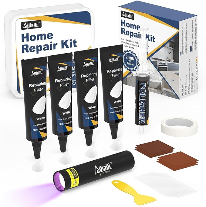 Quartz Countertop Repair Kit, Fiberglass Tub & Tile Repair Kit with 4x15g White Filler, 30s Fast Repair Chip, Hole, Scratch, Crack on Porcelain, Granite, Marble, Ceramic Tile, Bath Tub, Sink