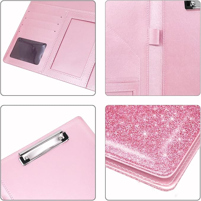 Padfolio Business/Resume Portfolio Folder, Leather Interview Portfolio Business Portfolio Portfolio Organizer with Legal Pad Folder Clipboard,Interview Folder for Men/Women, Glitter Pink